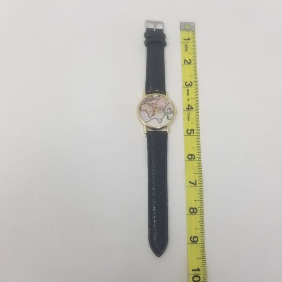 World Map Fashionable Vintage Inspired Gold Bezel Black Faux Leather Wristwatch - Picture 7 of 9